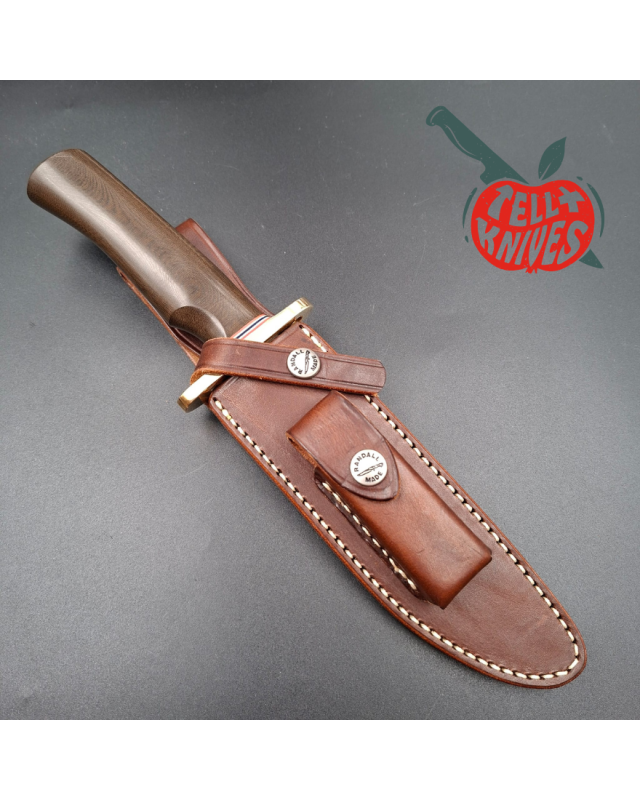 Randall Made Knives Model 1-6 sawteeth grind forged carbon steel brown micarta handle brass guard brown leather sheath