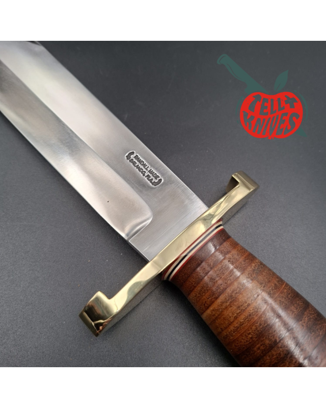 Randall Made Knives Model 12-11 Confederate Bowie forged carbon steel stacked leather handle brass guard Duralumin pomme