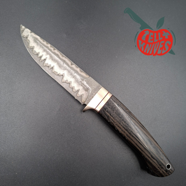 Sergey Shidlovskiy Custom Knives Black Ghost Damascus blade petrified oak handle black leather sheath