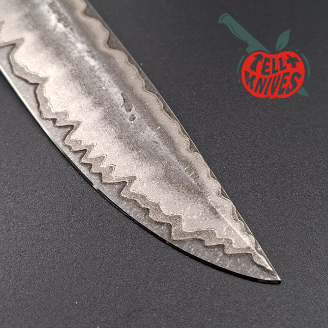 Sergey Shidlovskiy Custom Knives Black Ghost Damascus blade petrified oak handle black leather sheath