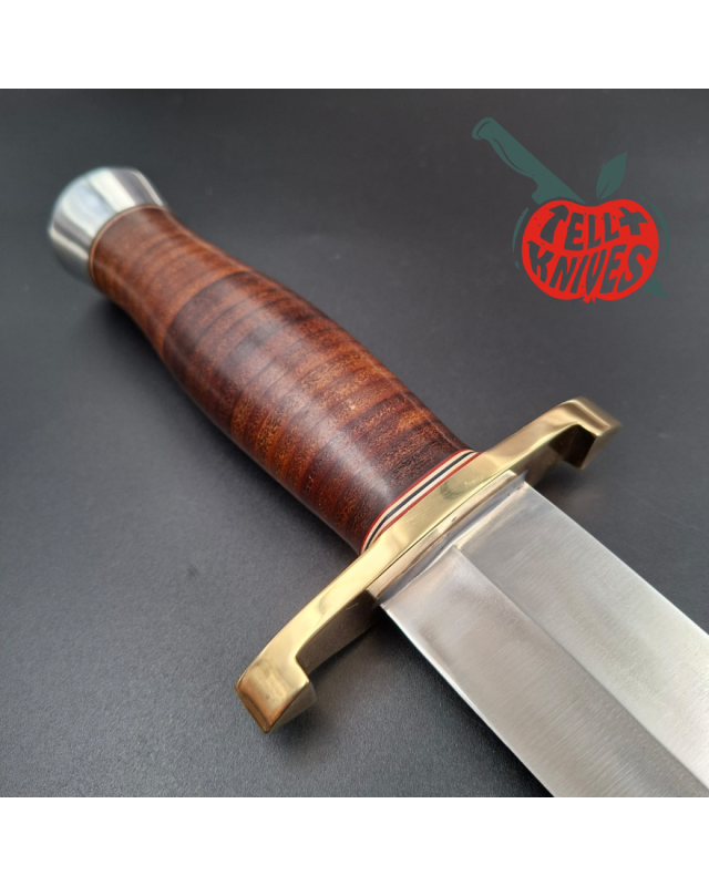 Randall Made Knives Model 12-13 Thorp carbon steel stacked leather handle brass guard Duralumin pommel brown leather she