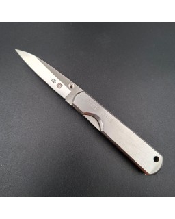 AL MAR Knives Secret Agent AUS-6 stainless steel brushed stainless handle black leather sheath with original box