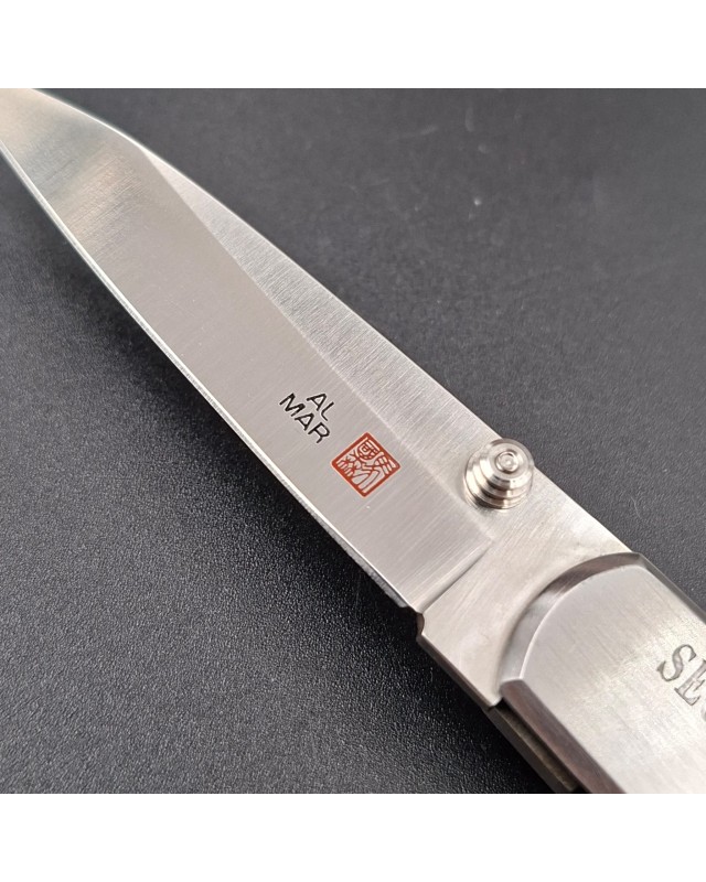 AL MAR Knives Secret Agent AUS-6 stainless steel brushed stainless handle black leather sheath with original box