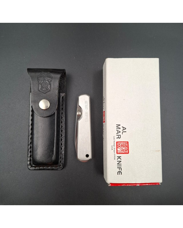 AL MAR Knives Secret Agent AUS-6 stainless steel brushed stainless handle black leather sheath with original box