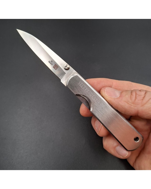 AL MAR Knives Secret Agent AUS-6 stainless steel brushed stainless handle black leather sheath with original box