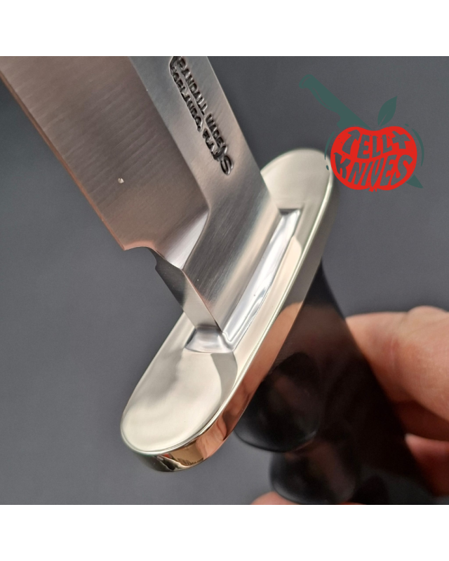 Randall Buxton Fighter Full Tang forged Stainless steel nickel silver forward curved hilt black micarta handle signed sheath