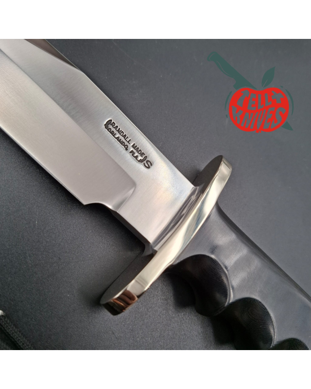 Randall Buxton Fighter Full Tang forged Stainless steel nickel silver forward curved hilt black micarta handle signed sheath