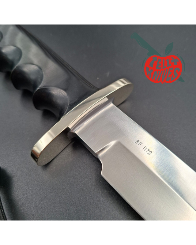 Randall Buxton Fighter Full Tang forged Stainless steel nickel silver forward curved hilt black micarta handle signed sheath