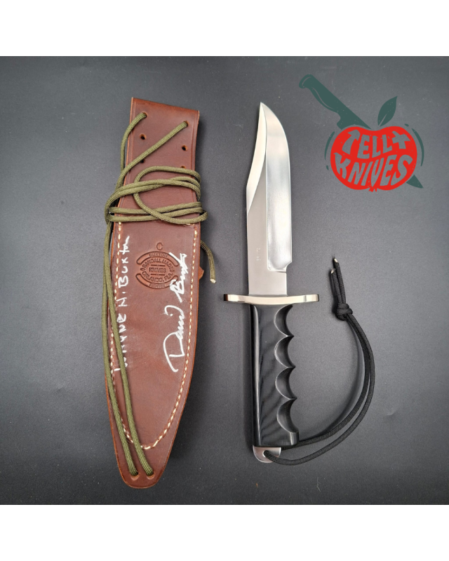 Randall Buxton Fighter Full Tang forged Stainless steel nickel silver forward curved hilt black micarta handle signed sheath