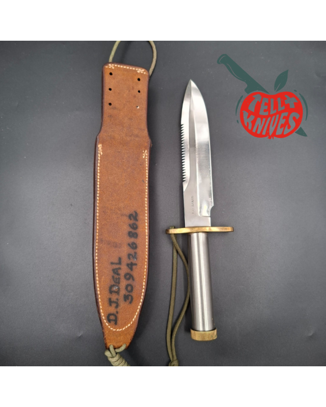 Randall Made Knives Vietnam Era Model 18 7.5 forged stainless steel tubular handle brass guard brown leather sheath