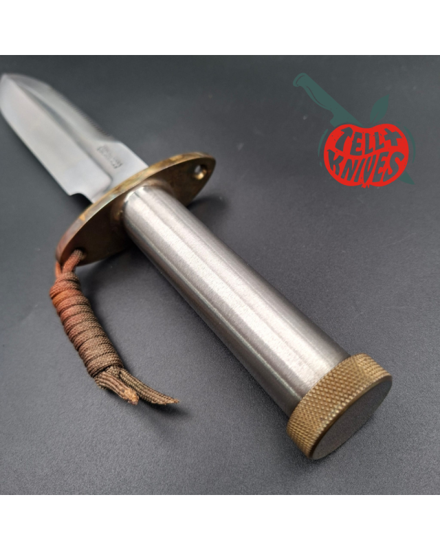 Randall Made Knives Vintage 80ies Model 18 7.5 Attack Survival forged carbon steel tubular handle brass guard brown leather