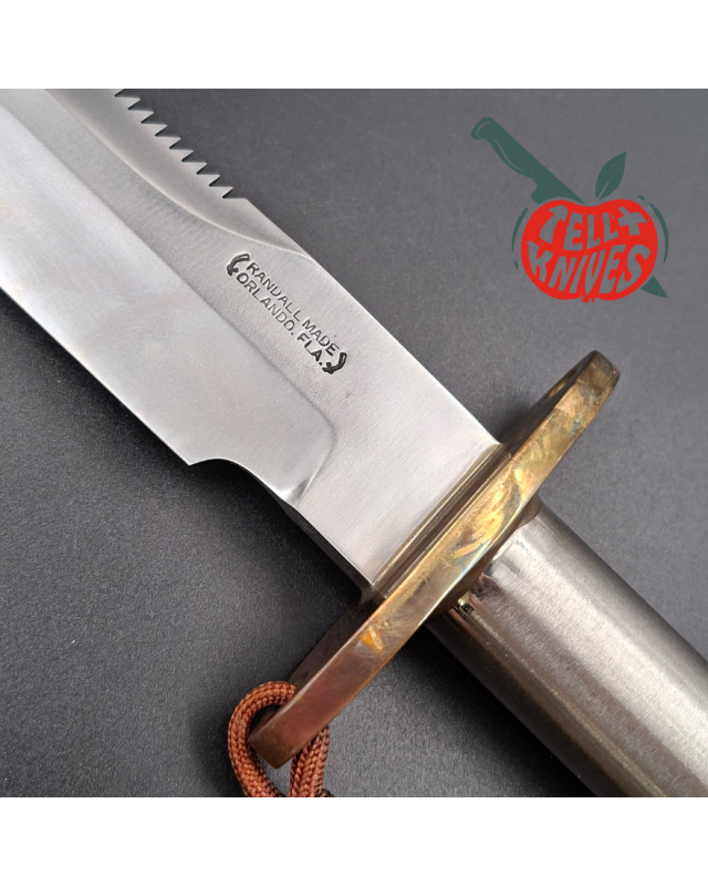 Randall Made Knives Vintage 80ies Model 18 7.5 Attack Survival forged carbon steel tubular handle brass guard brown leather