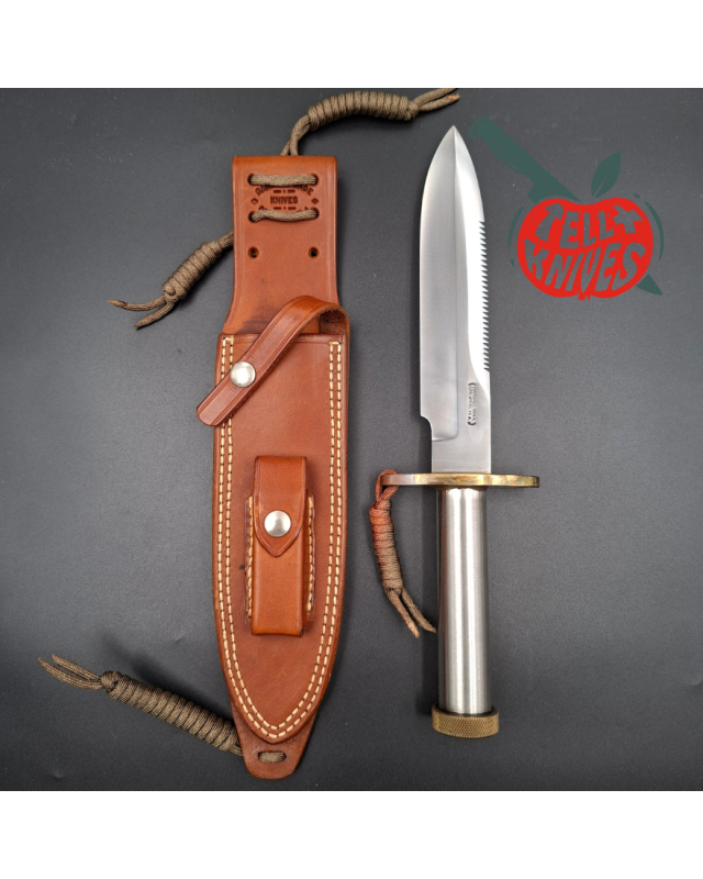 Randall Made Knives Vintage 80ies Model 18 7.5 Attack Survival forged carbon steel tubular handle brass guard brown leather