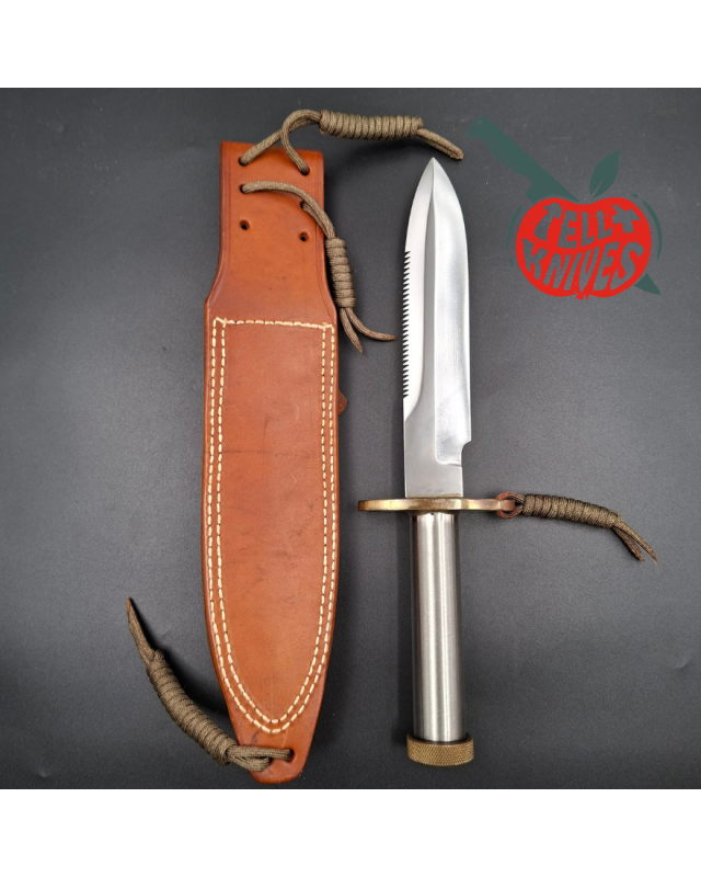 Randall Made Knives Vintage 80ies Model 18 7.5 Attack Survival forged carbon steel tubular handle brass guard brown leather