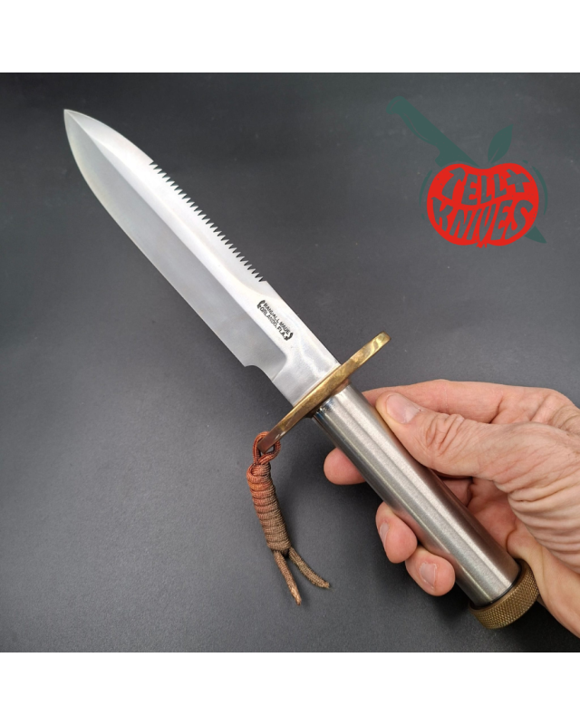 Randall Made Knives Vintage 80ies Model 18 7.5 Attack Survival forged carbon steel tubular handle brass guard brown leather