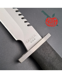 Gerber Basic Multi Function (BMF) Saw back survival knife 440 stainless steel gray finish blade black Hypalon handle Cordura