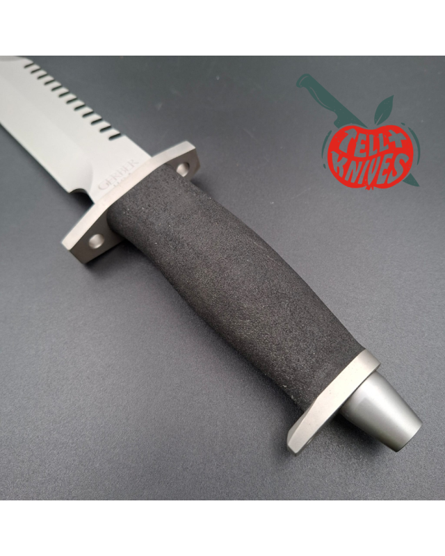 Gerber Basic Multi Function (BMF) Saw back survival knife 440 stainless steel gray finish blade black Hypalon handle Cordura