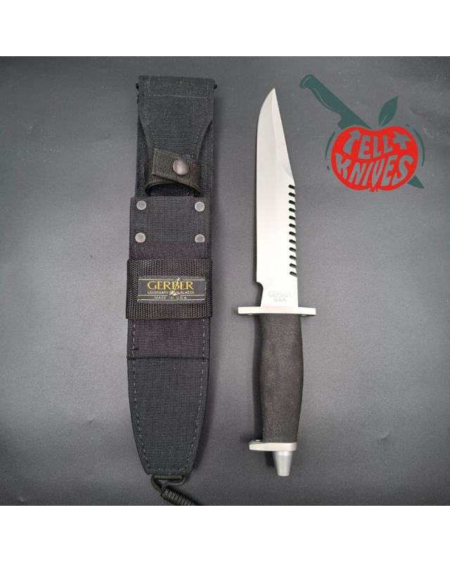 Gerber Basic Multi Function (BMF) Saw back survival knife 440 stainless steel gray finish blade black Hypalon handle Cordura