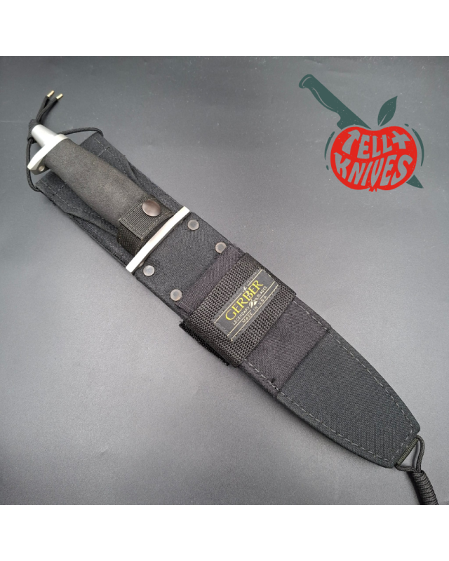 Gerber Basic Multi Function (BMF) Saw back survival knife 440 stainless steel gray finish blade black Hypalon handle Cordura