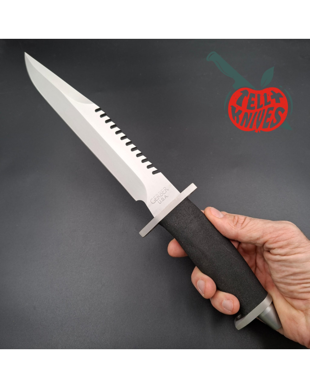 Gerber Basic Multi Function (BMF) Saw back survival knife 440 stainless steel gray finish blade black Hypalon handle Cordura