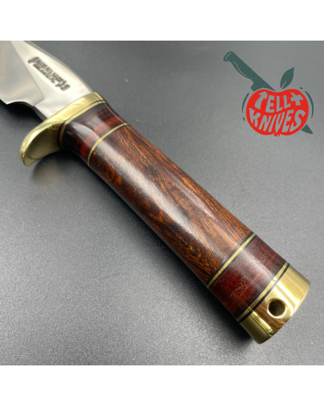 Randall Made Knives Model 27 Trailblazer forged stainless steel stacked leather and ironwood handle brass guard and pomm