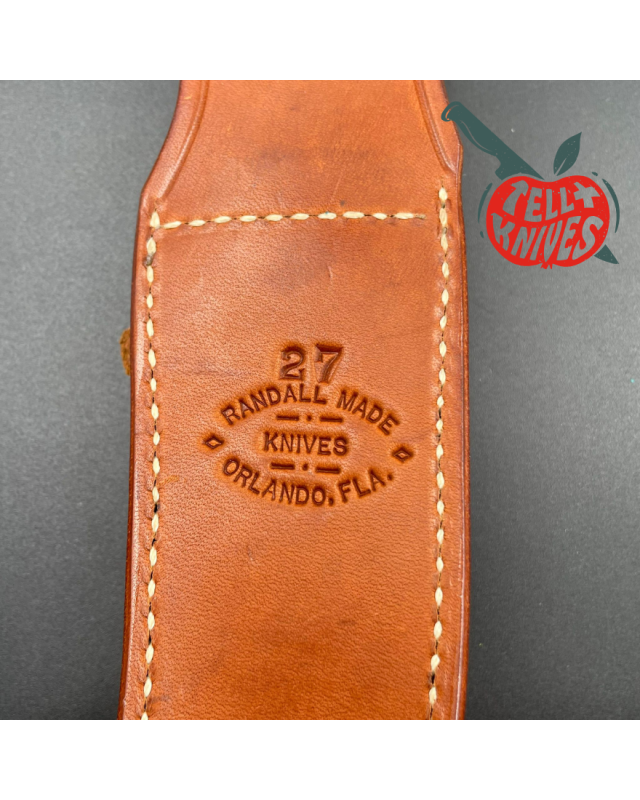 Randall Made Knives Model 27 Trailblazer forged stainless steel stacked leather and ironwood handle brass guard and pomm