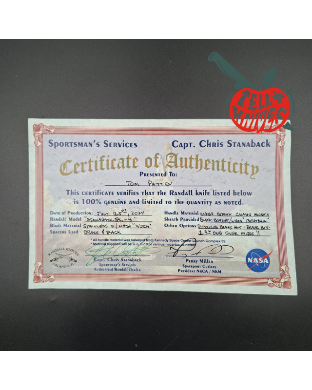 Randall Made Knife Stanaback Special NASA stainless steel blade brass guard and pommel brown canvas micarta handle black