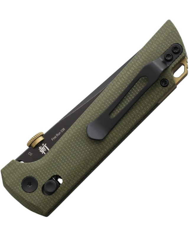North Mountain Blade Chop2 D2 tool steel Crossbar Lock Green canvas micarta handle thumb disk Flipper