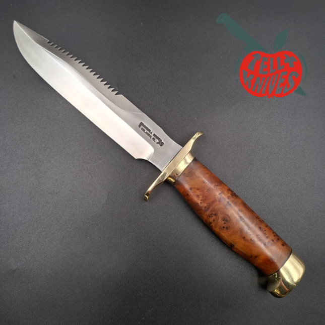 Randall Made Knives Model 1-7 forged stainless steel sawteeth blade brass guard and pommel thuya wood handle