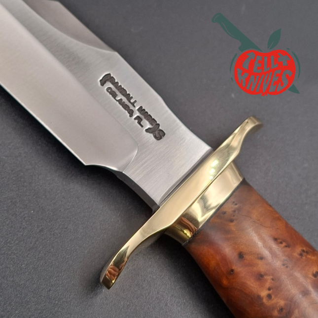 Randall Made Knives Model 1-7 forged stainless steel sawteeth blade brass guard and pommel thuya wood handle