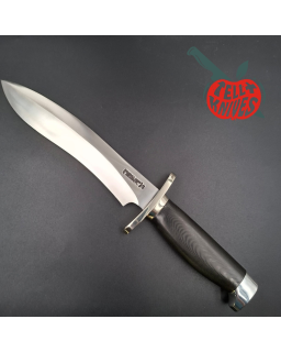 Randall Made Knives Model Sasquatch Small forged stainless steel black micarta handle Nickel Silver guard brown leather