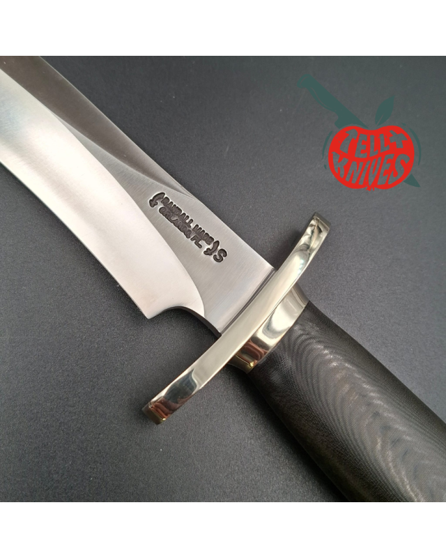 Randall Made Knives Model Sasquatch Small forged stainless steel black micarta handle Nickel Silver guard brown leather