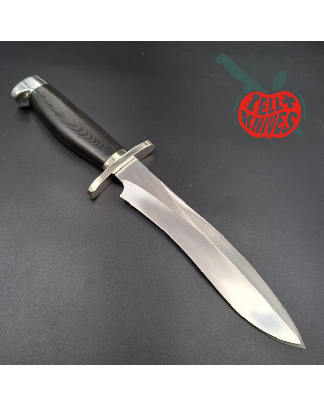 Randall Made Knives Model Sasquatch Small forged stainless steel black micarta handle Nickel Silver guard brown leather