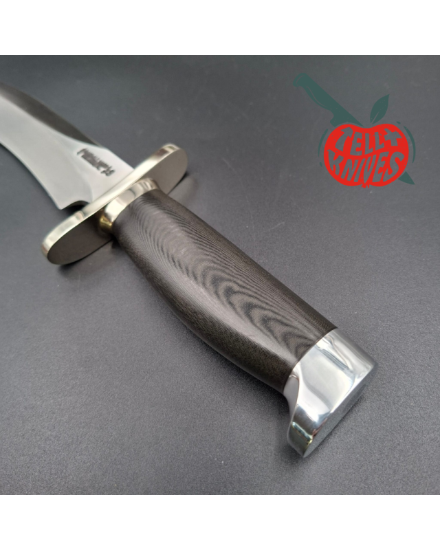 Randall Made Knives Model Sasquatch Small forged stainless steel black micarta handle Nickel Silver guard brown leather