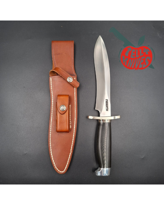 Randall Made Knives Model Sasquatch Small forged stainless steel black micarta handle Nickel Silver guard brown leather