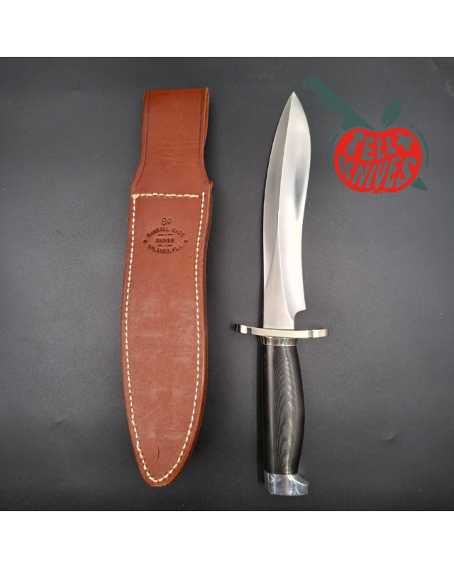 Randall Made Knives Model Sasquatch Small forged stainless steel black micarta handle Nickel Silver guard brown leather