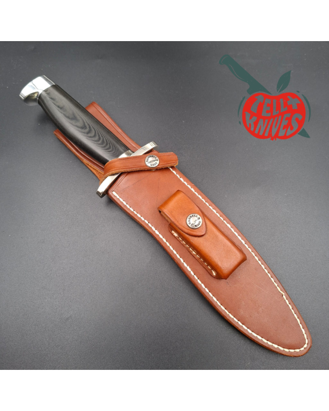 Randall Made Knives Model Sasquatch Small forged stainless steel black micarta handle Nickel Silver guard brown leather