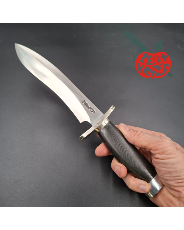 Randall Made Knives Model Sasquatch Small forged stainless steel black micarta handle Nickel Silver guard brown leather