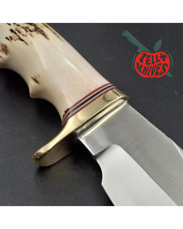 Randall Made Knives Model 19 - 4.5 Bushmaster forged carbon steel stag handle brass guard brown leather sheath