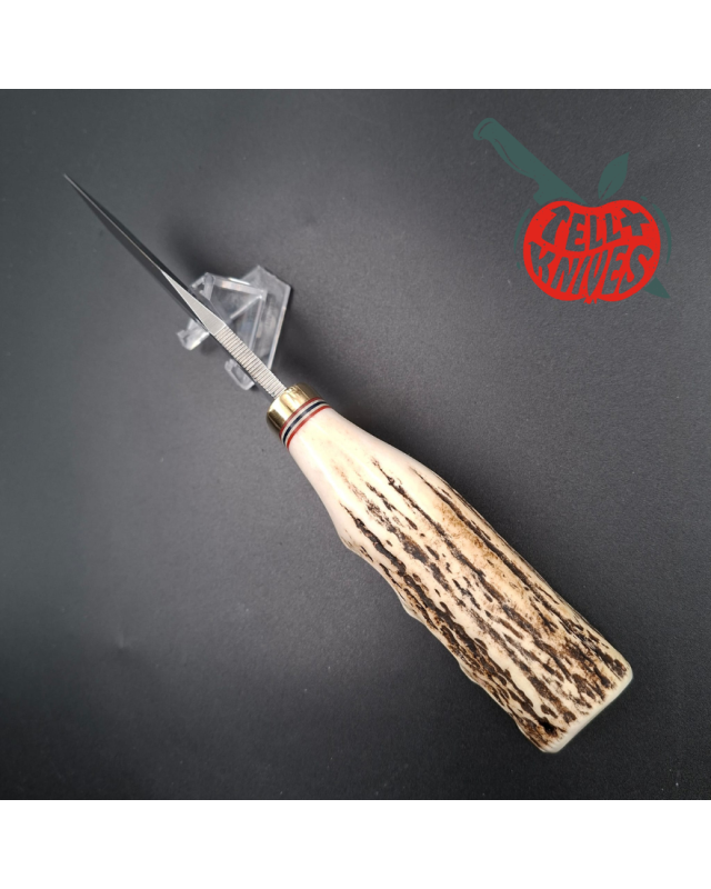 Randall Made Knives Model 19 - 4.5 Bushmaster forged carbon steel stag handle brass guard brown leather sheath