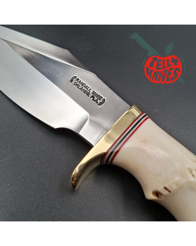 Randall Made Knives Model 19 - 4.5 Bushmaster forged carbon steel stag handle brass guard brown leather sheath
