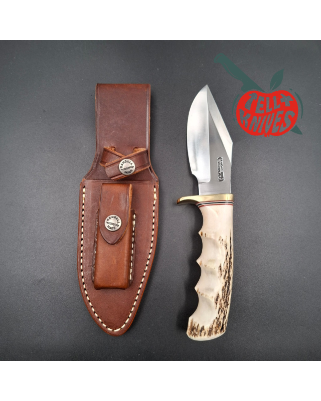 Randall Made Knives Model 19 - 4.5 Bushmaster forged carbon steel stag handle brass guard brown leather sheath