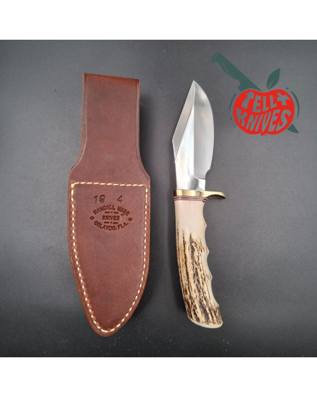 Randall Made Knives Model 19 - 4.5 Bushmaster forged carbon steel stag handle brass guard brown leather sheath