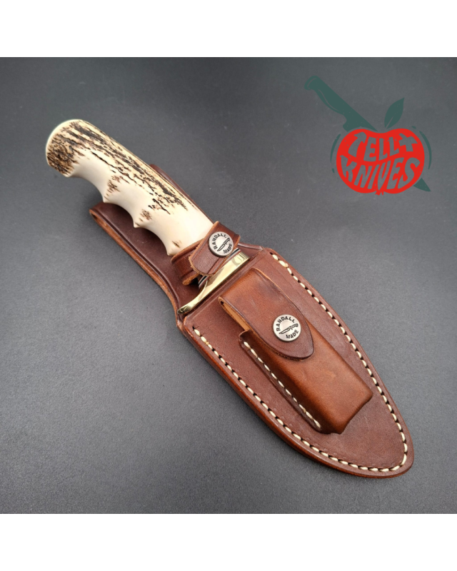 Randall Made Knives Model 19 - 4.5 Bushmaster forged carbon steel stag handle brass guard brown leather sheath