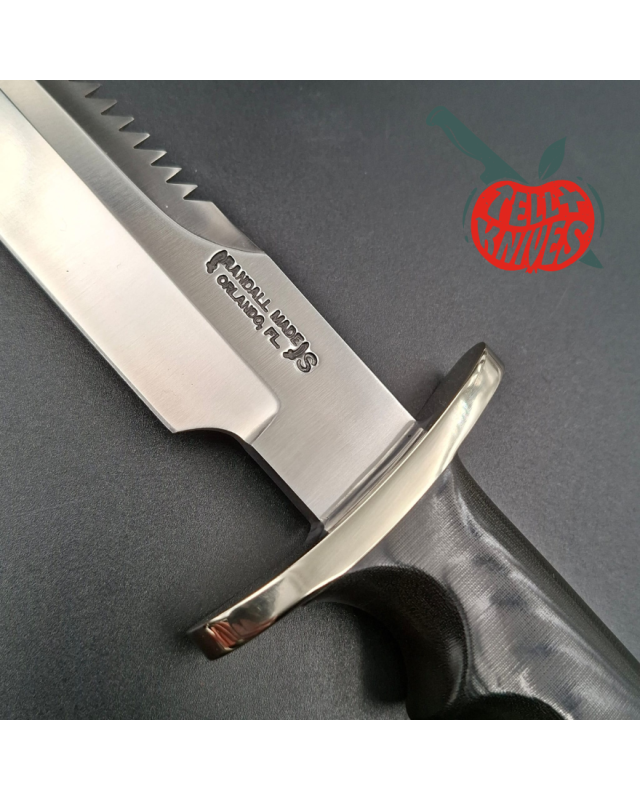 Randall Made Knives Model 15 5.5 Airman forged stainless steel sawback blade black micarta four fingers grip handle