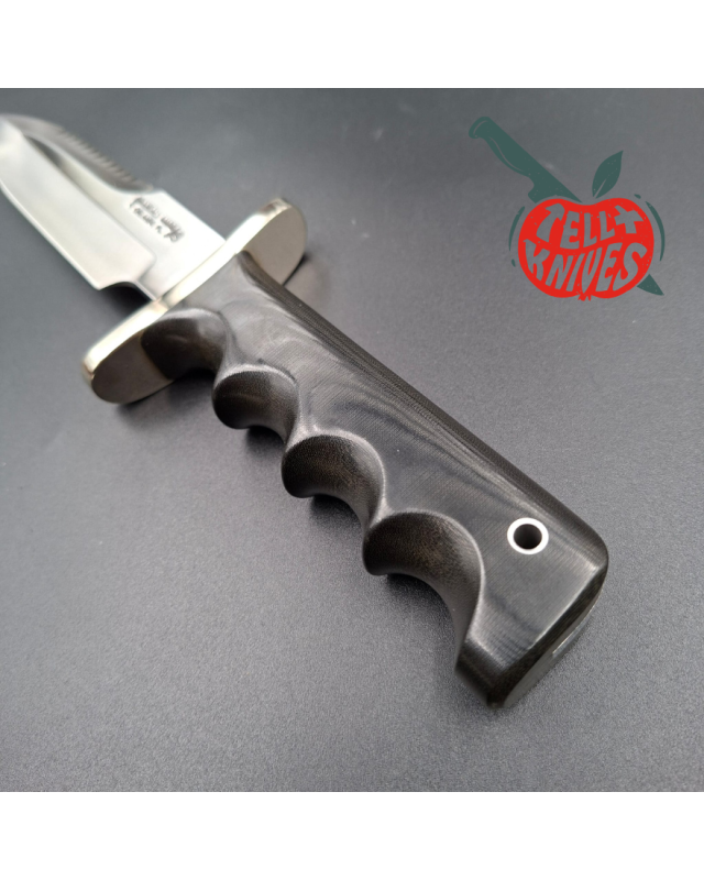Randall Made Knives Model 15 5.5 Airman forged stainless steel sawback blade black micarta four fingers grip handle