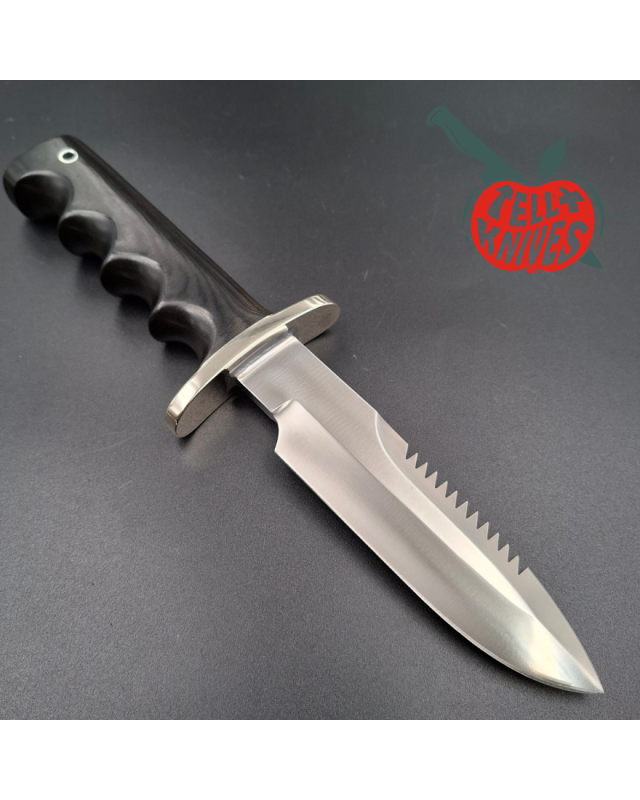 Randall Made Knives Model 15 5.5 Airman forged stainless steel sawback blade black micarta four fingers grip handle