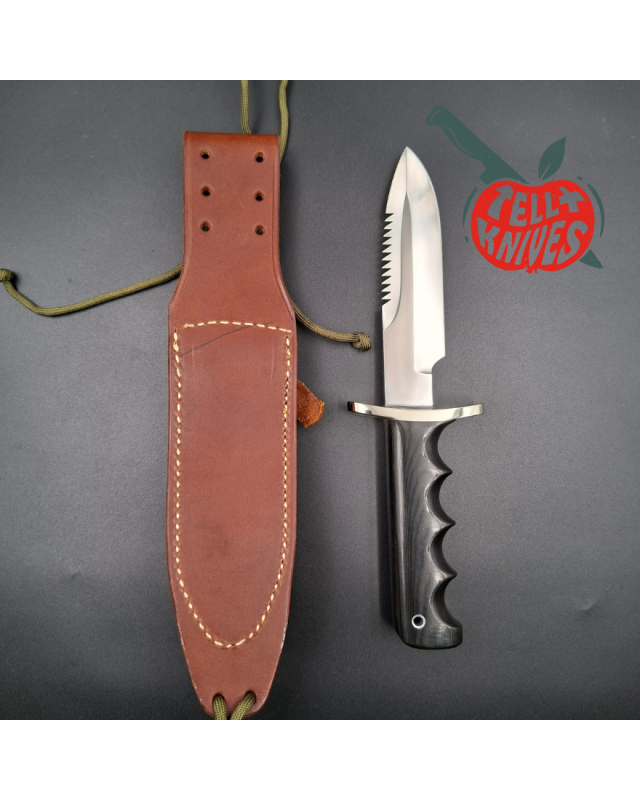 Randall Made Knives Model 15 5.5 Airman forged stainless steel sawback blade black micarta four fingers grip handle