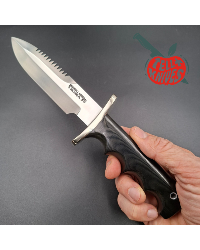 Randall Made Knives Model 15 5.5 Airman forged stainless steel sawback blade black micarta four fingers grip handle