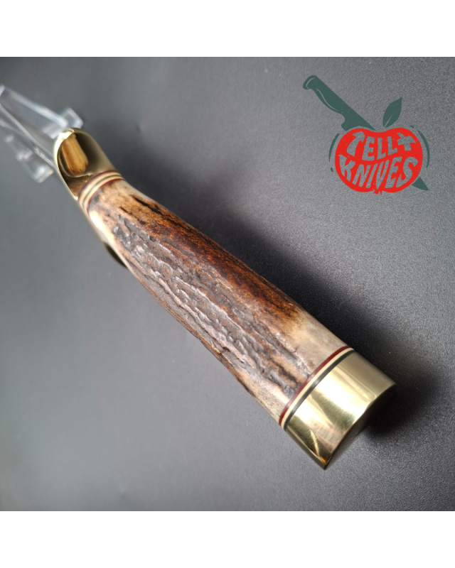 Randall Made Knives 1998 Model 15 5.5 Airman forged stainless steel stag handle brass guard and pommel black leather sheath